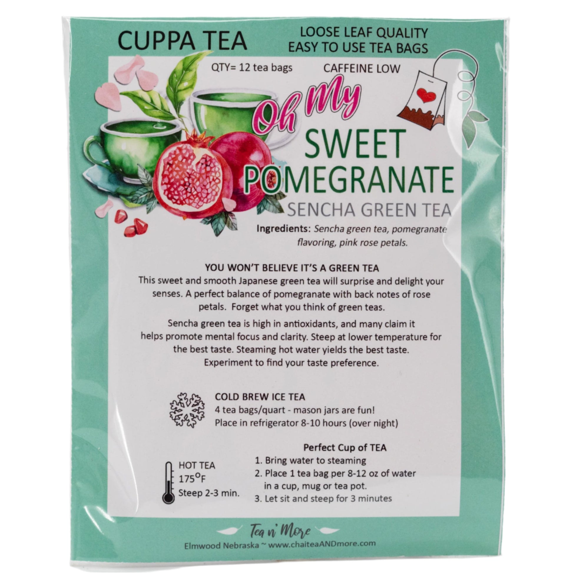 Sweet Pomegranate Tea | Sencha Green Tea | 12 Tea Bags | Caffeinated | Tea n More - BuyNebraska.com ~ Blessings Grow Meadows