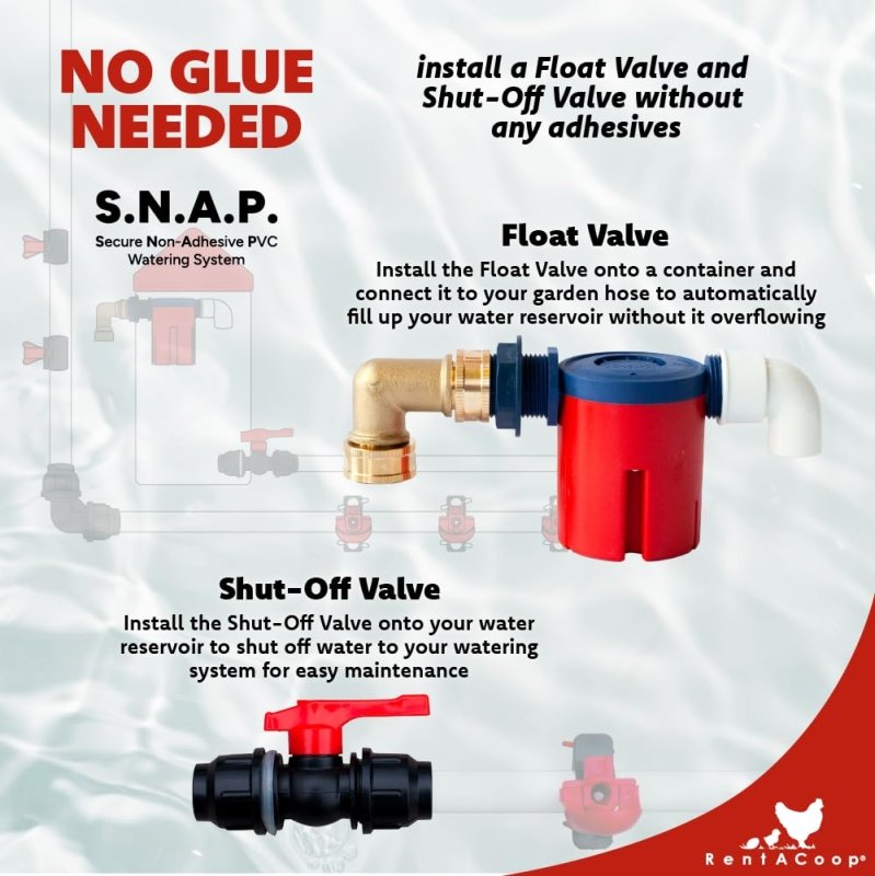 RentACoop PVC S.N.A.P Watering System Elbow Pack of 2 for chickens, quail, and poultry, showing durable plastic elbows for poultry watering.