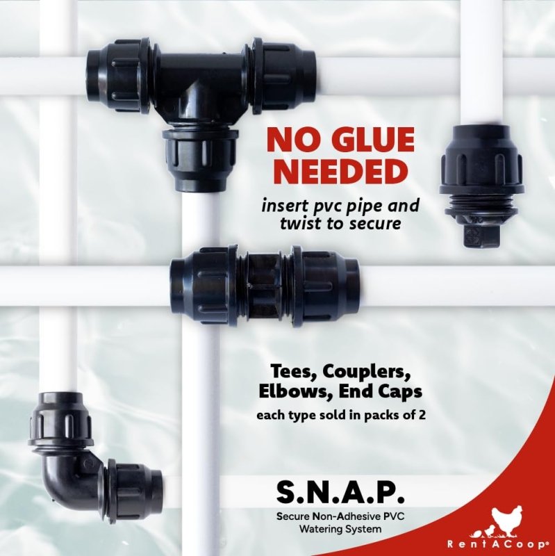 RentACoop PVC watering system elbows for chickens, quail, and poultry, shown in a pack of two with durable non-adhesive design.