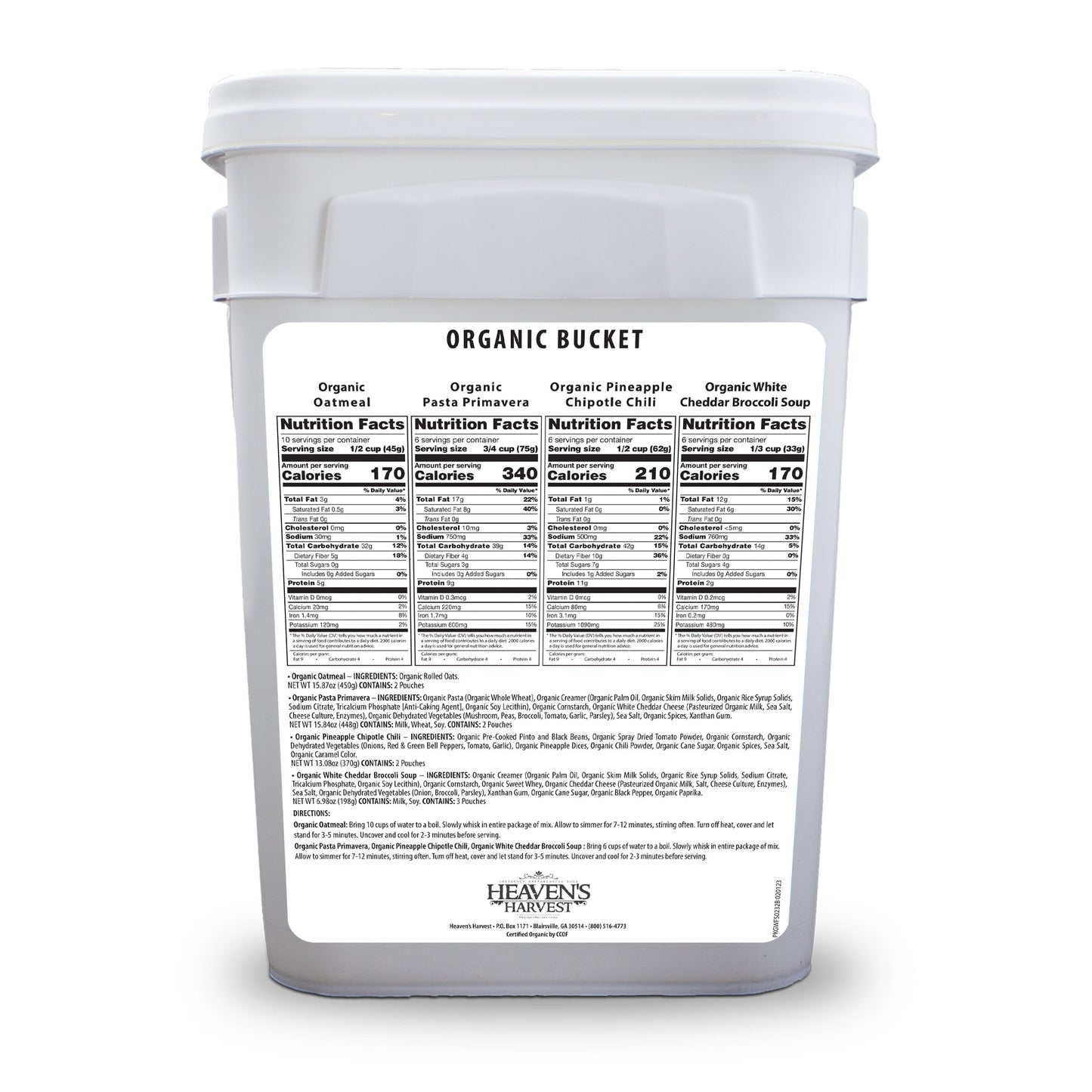 Organic Meal Bucket by Heaven's Harvest, 12-pack emergency survival food kit with sealed buckets and labeled packaging.