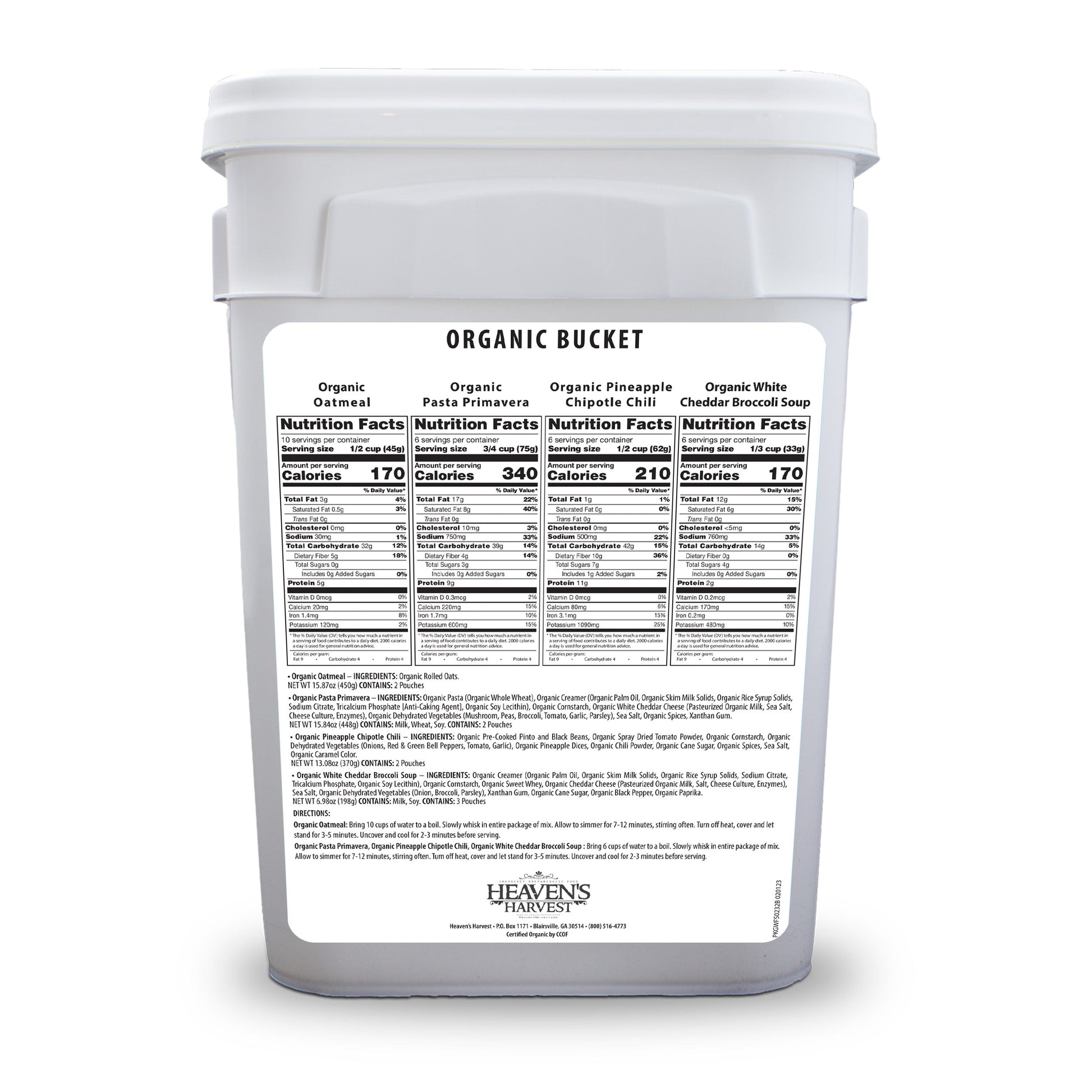 Organic Meal Bucket by Heaven's Harvest, 12-pack emergency survival food kit with sealed buckets and labeled packaging.