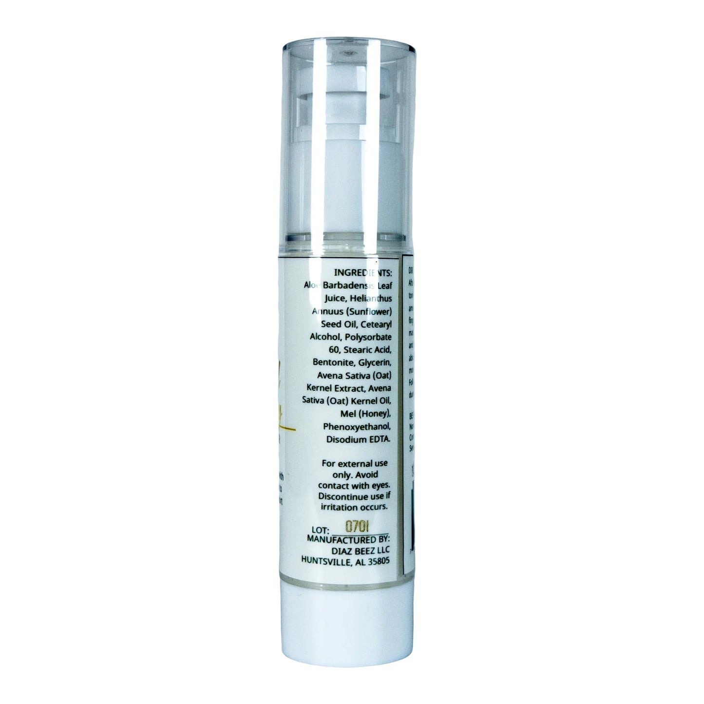 Diaz Beez oatmeal and honey facial moisturizer in a white jar with a gold lid, showing the product label and smooth cream inside.