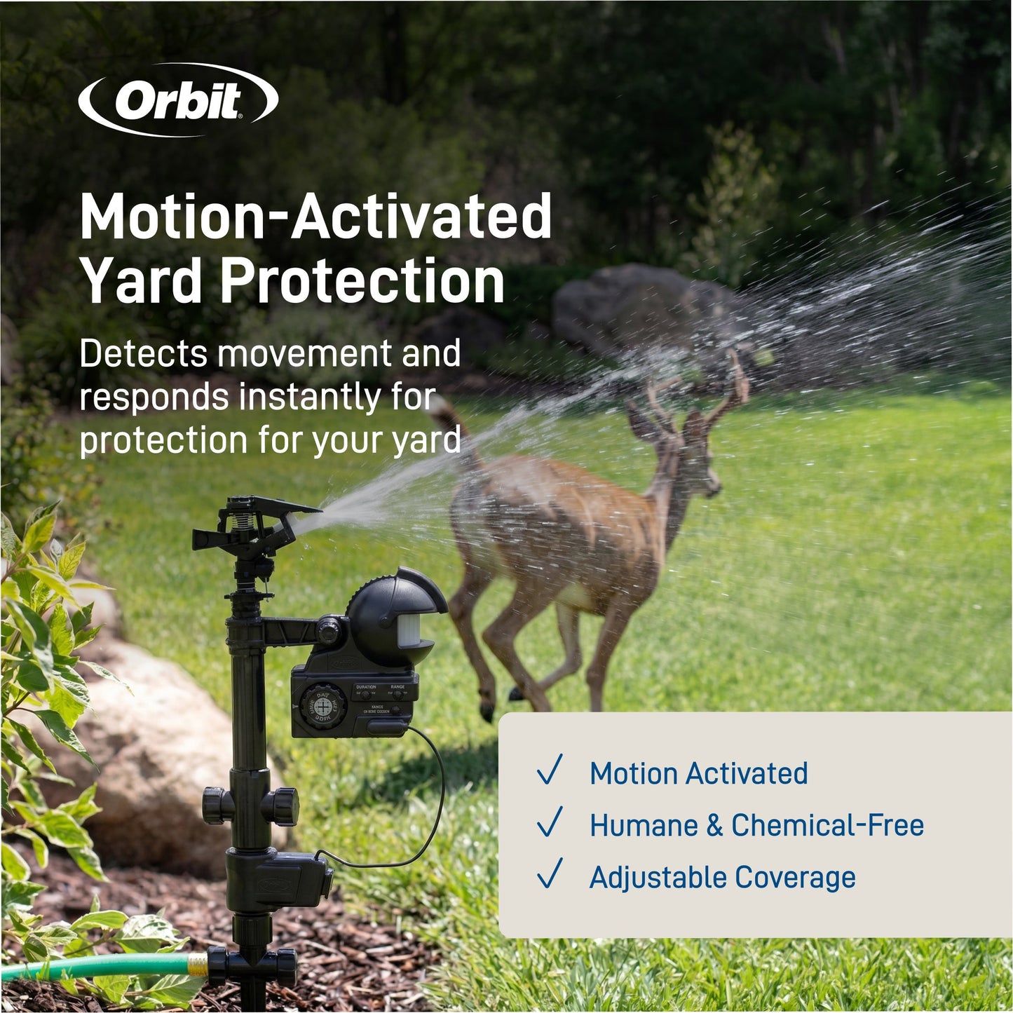 Orbit Irrigation Yard Enforcer Motion-Activated Sprinkler 62100 attached to a garden hose, ready to activate for pest deterrence.