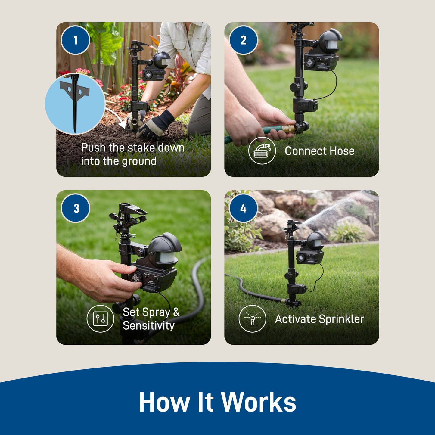 Orbit Irrigation Yard Enforcer motion-activated sprinkler attached to garden hose, ready to scare away intruders and pests.