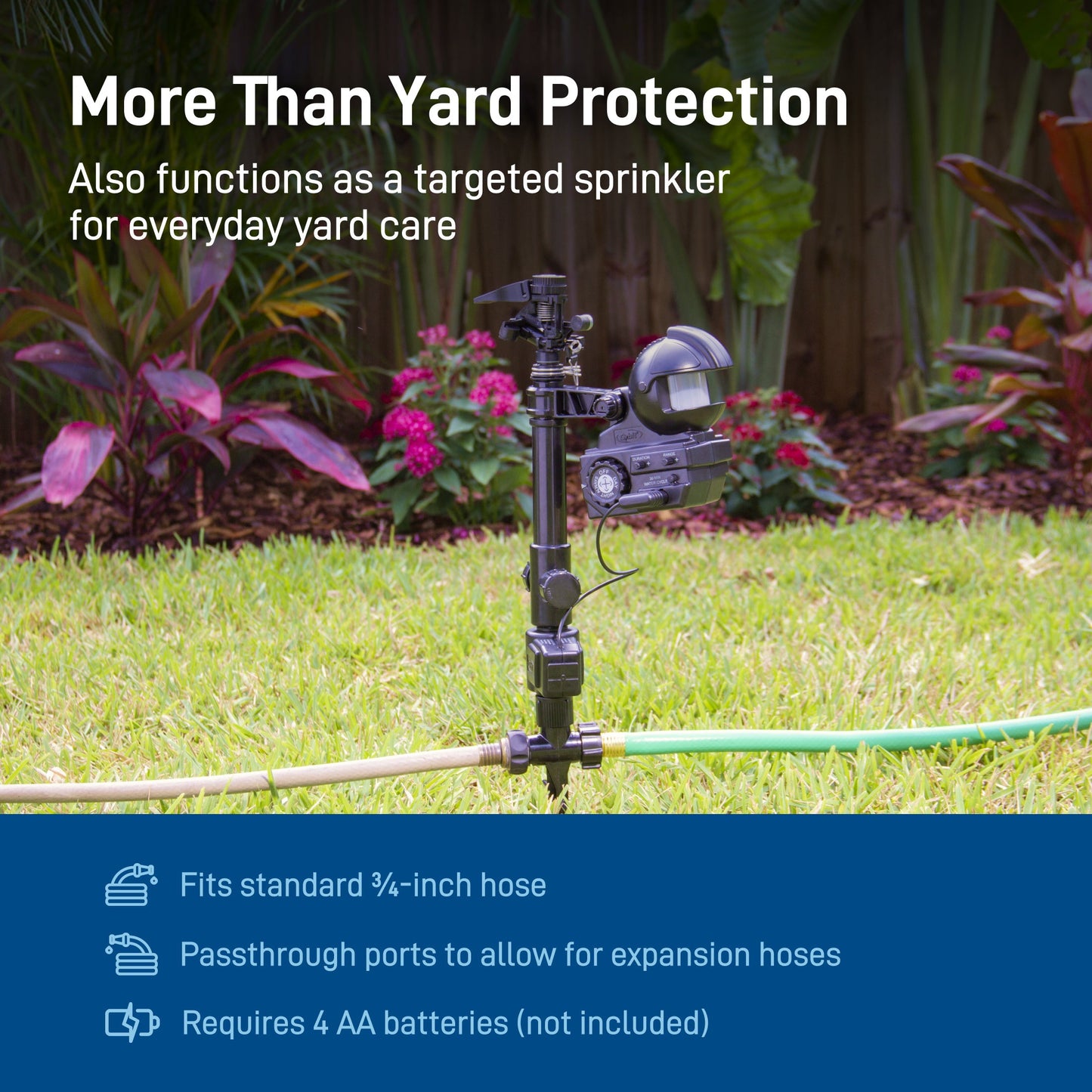 Orbit Irrigation Yard Enforcer motion-activated sprinkler attached to garden hose, ready to water and deter pests.
