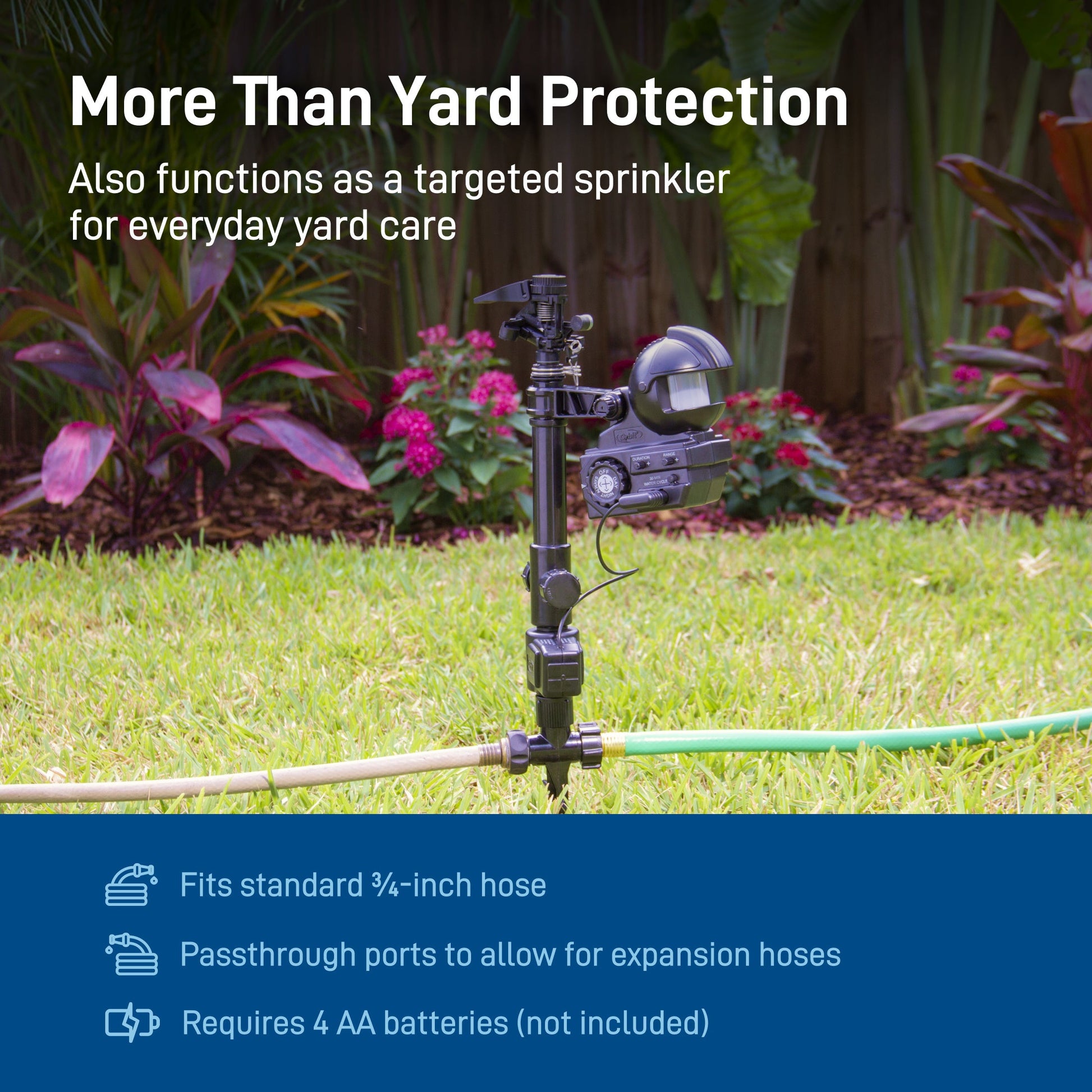 Orbit Irrigation Yard Enforcer motion-activated sprinkler attached to garden hose, ready to water and deter pests.