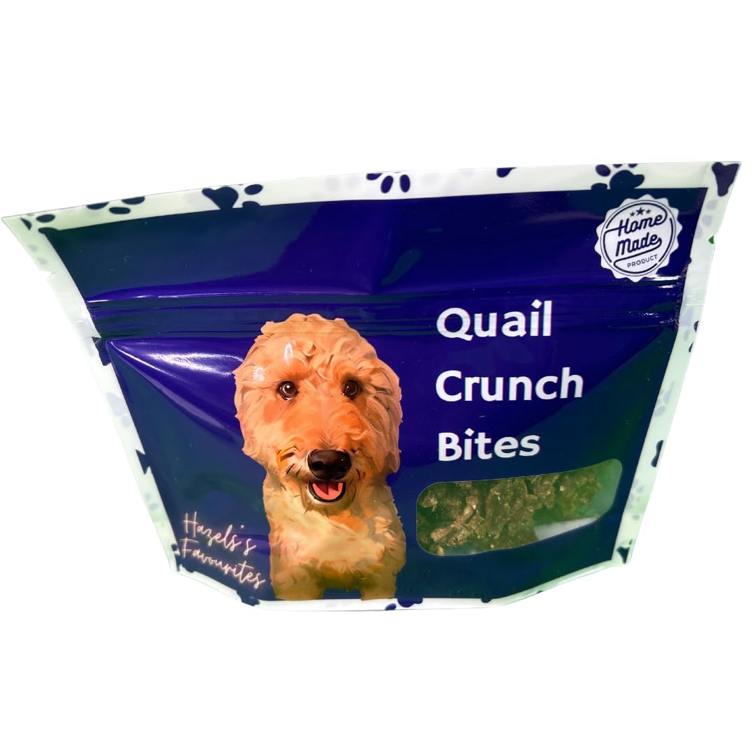 Dehydrated quail crunch bites dog treats with quail meat and shells, healthy organic snacks for training and pet enjoyment.