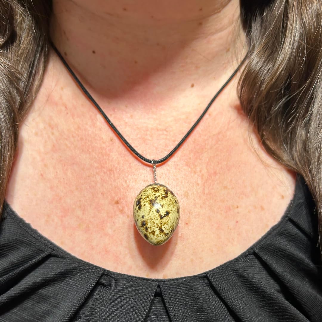 Close-up of a Quail Egg Necklace featuring a delicate pendant with a small quail egg, hanging from a fine chain.