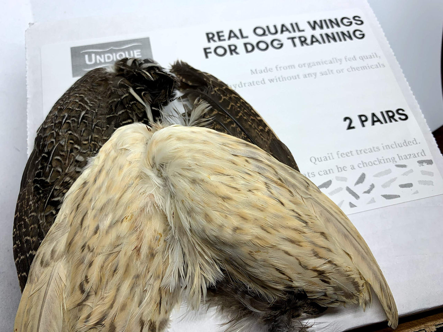 Pair of real quail wings for dog training from Quailz.com by Undique LLC, displayed on a neutral background.