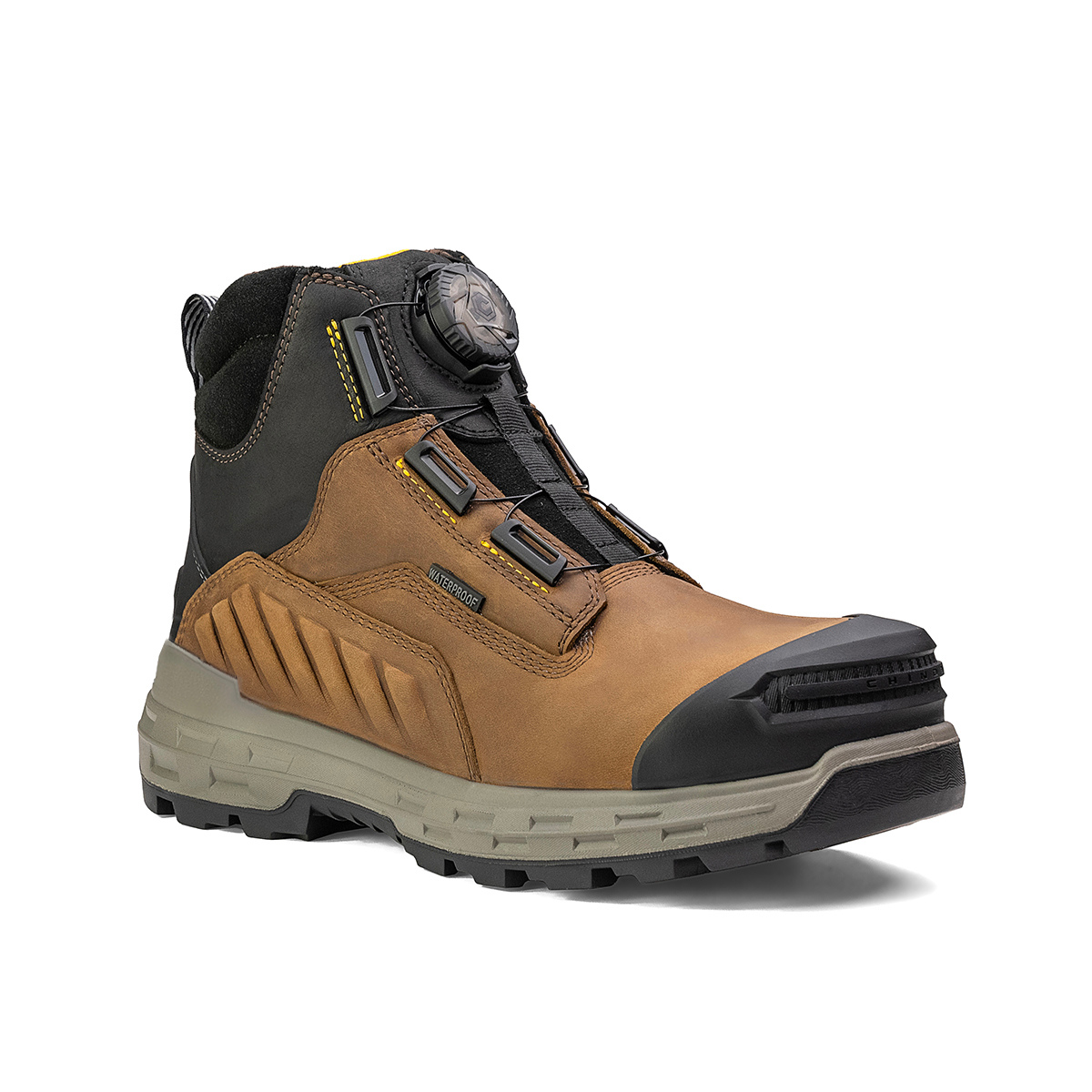The Chinook® Wildwood 6” Composite Toe Turbolace™ Work Boot—brown, made in the USA—features waterproof leather, a rugged sole, and the TURBOLACE™ system for maximum durability on tough jobs.