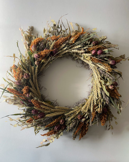 Dried King Harvest wreath featuring SMFF Flowers from Sunny Meadows Flower Farm, showcasing autumnal dried floral arrangement.