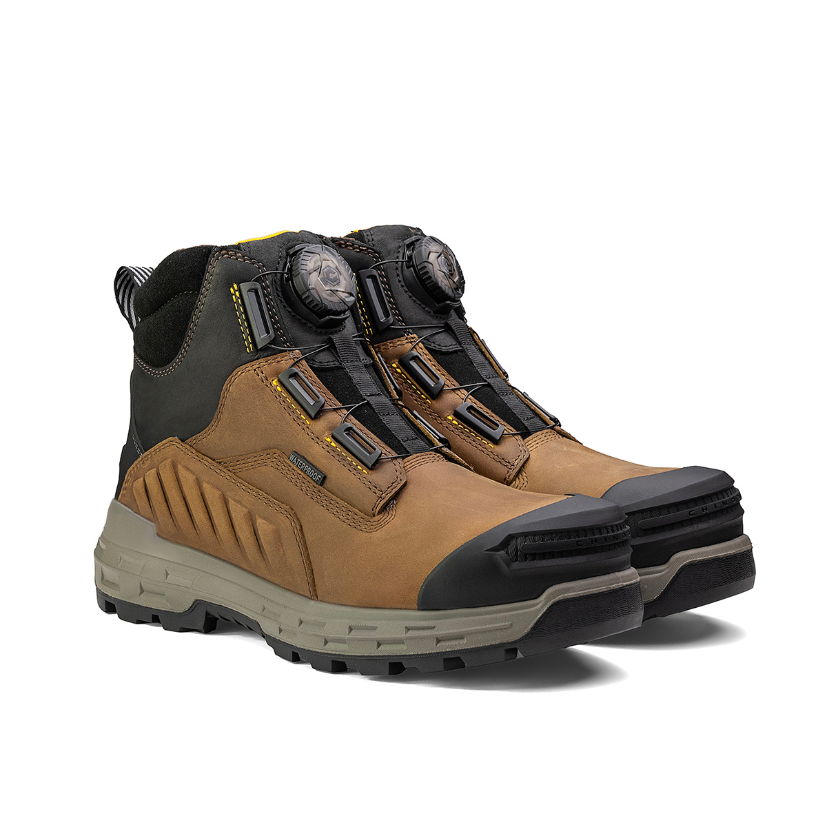 The Chinook® Footwear Wildwood 6” Composite Toe Turbolace™ Work Boots in brown, made in the USA from waterproof leather, feature safety toes and thick soles, shown side by side on a white background.