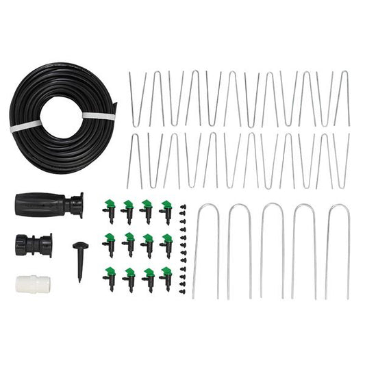 Orbit Irrigation 58-piece garden drip irrigation and soaker watering kit with hoses, connectors, and emitters for efficient garden watering.