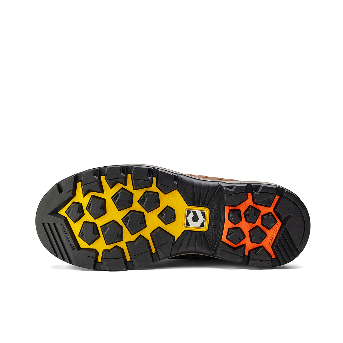 The image displays the sole of the Chinook® Footwear Wildwood 6” Composite Toe Turbolace™ Work Boot (Brown, Made in USA), featuring a rugged geometric tread in black, yellow, and orange with a small central logo.