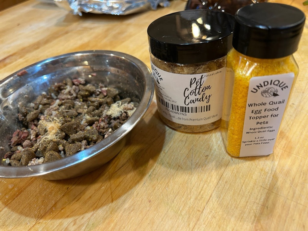 Pet Cotton Candy made from premium quail meat by Quailz.com, a natural, protein-rich treat for all pets and picky eaters.