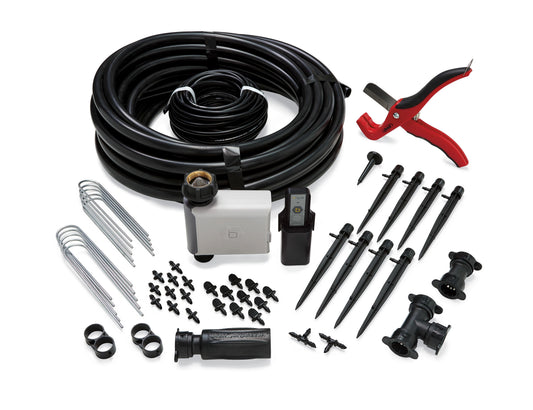 Orbit Irrigation B-hyve Smart Shrub and Flower Bed Drip Kit with hoses and connectors for efficient watering.