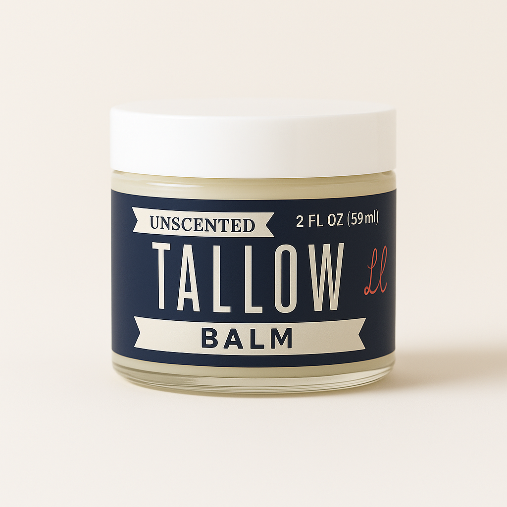 Unscented Lady May Tallow Balm in a jar, natural beef tallow face and body moisturizer, with vitamin E and jojoba for smooth skin.