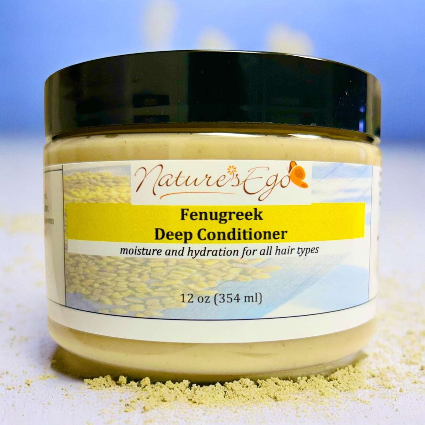 NaturesEgo Fenugreek Deep Conditioner with babassu, ginger, horsetail, burdock, and marshmallow for nourishing hair.