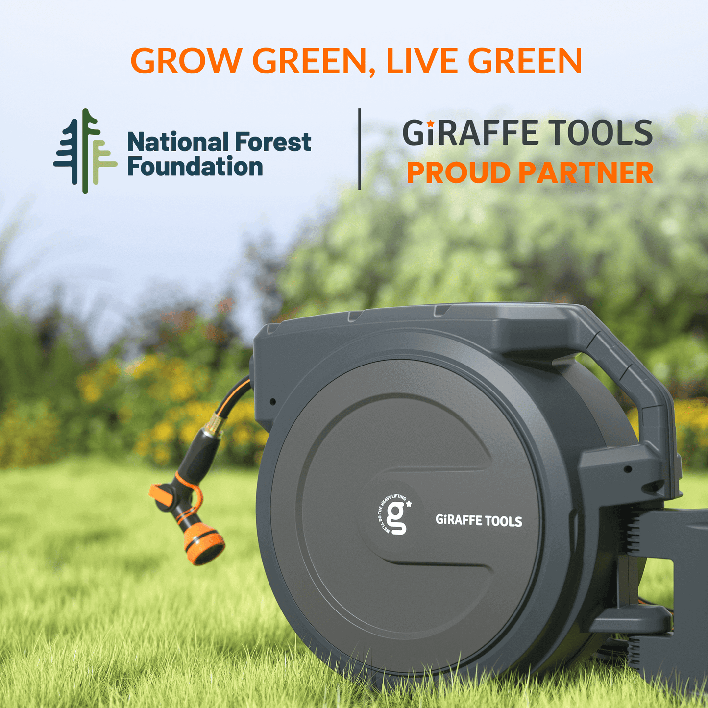 Giraffe Tools US retractable garden hose reel with 5/8 inch, 115 ft hose, mounted on wall for easy watering and storage