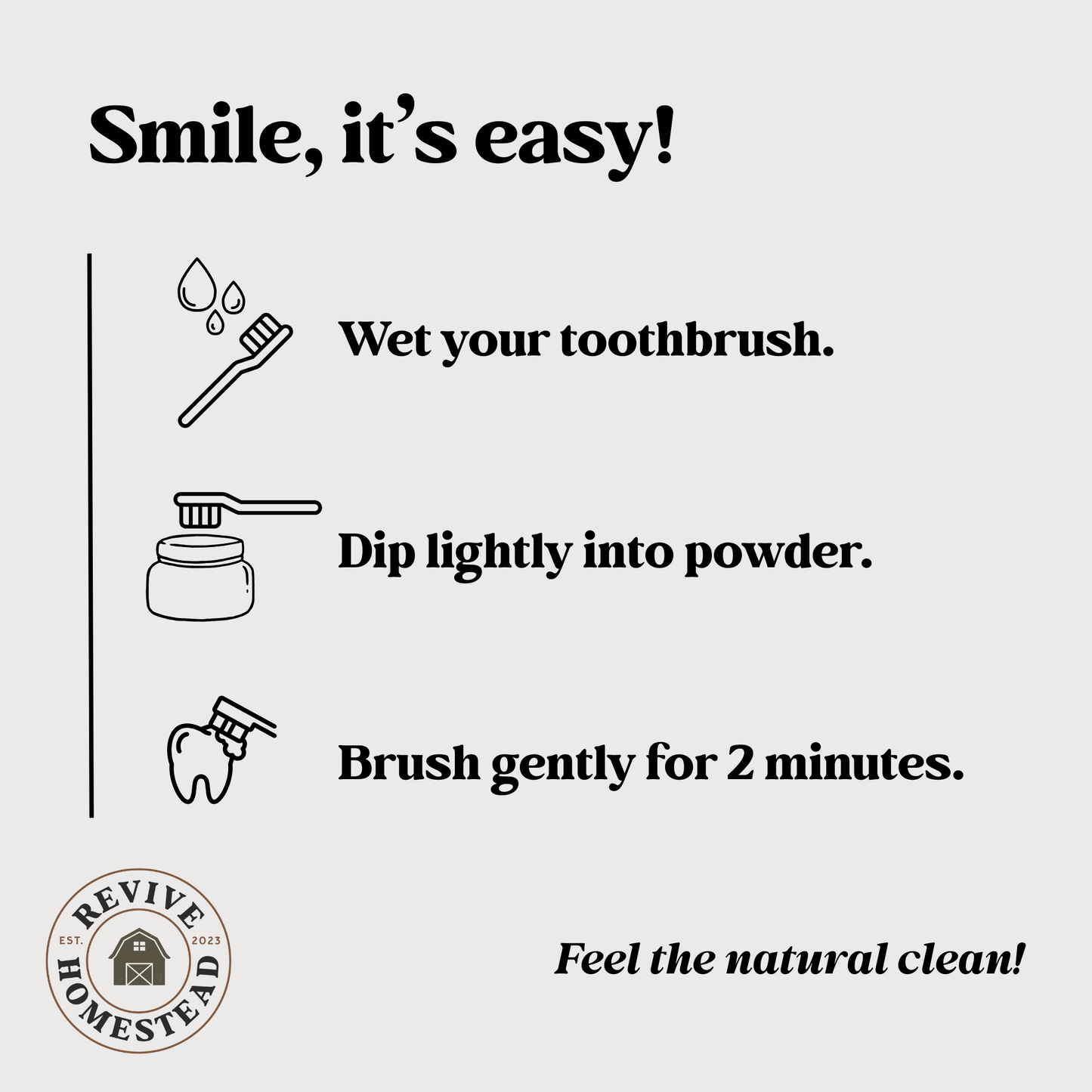 Revive Homestead remineralizing tooth powder with hydroxyapatite, shown in a jar with a spoon and instructions for use.