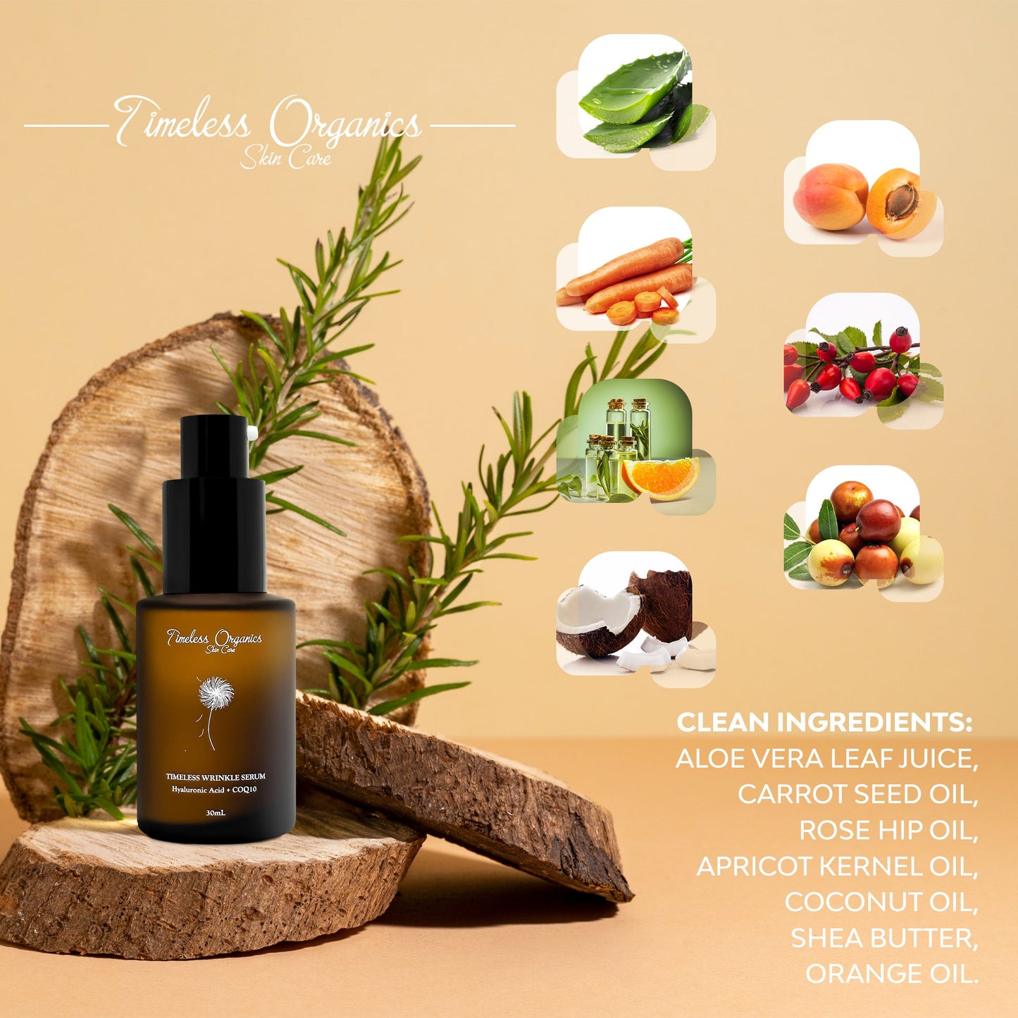 Timeless Organics Skin Care Timeless Wrinkle Serum in a glass pump bottle, designed to reduce fine lines and aging signs.