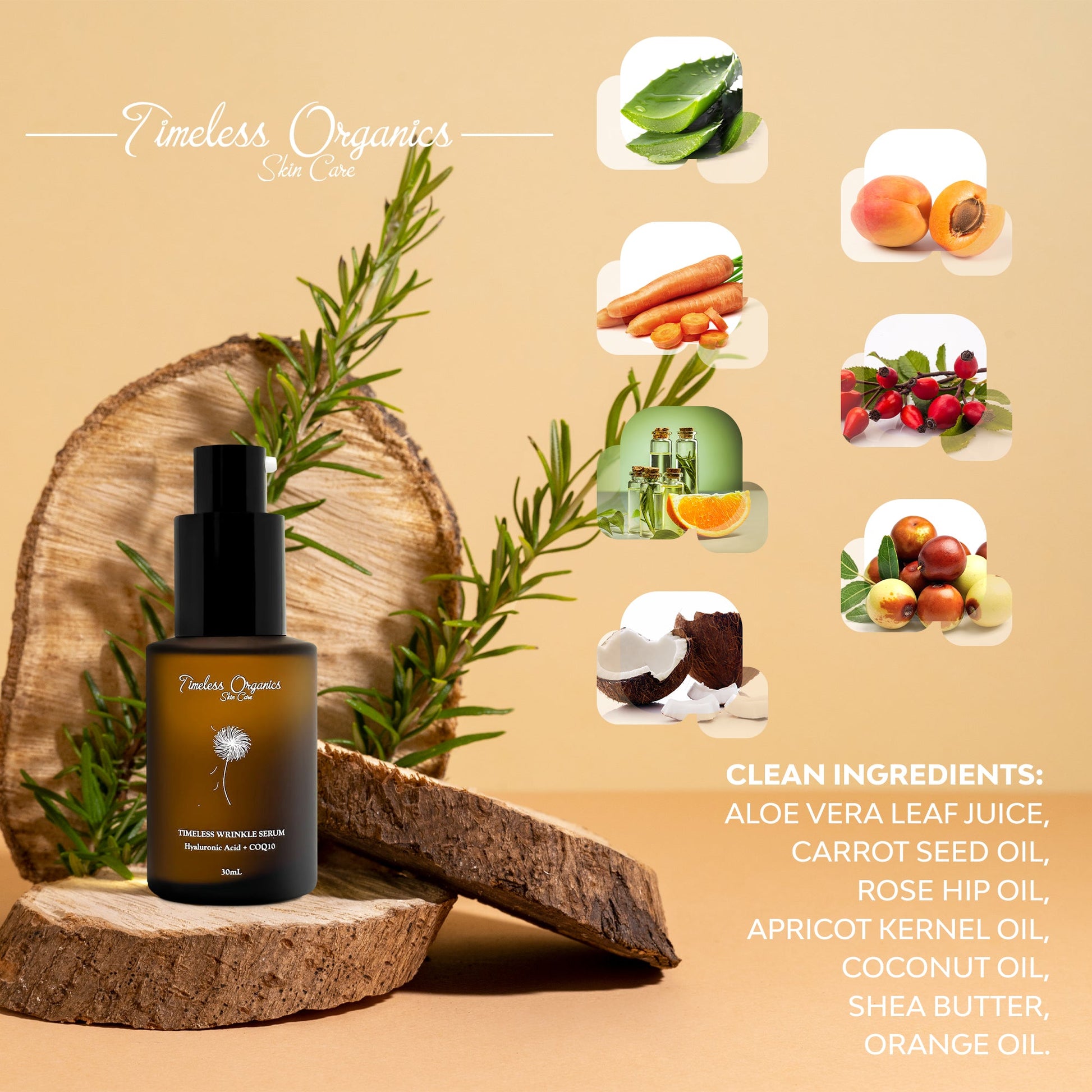Timeless Organics Skin Care Timeless Wrinkle Serum in a glass pump bottle, designed to reduce fine lines and aging signs.