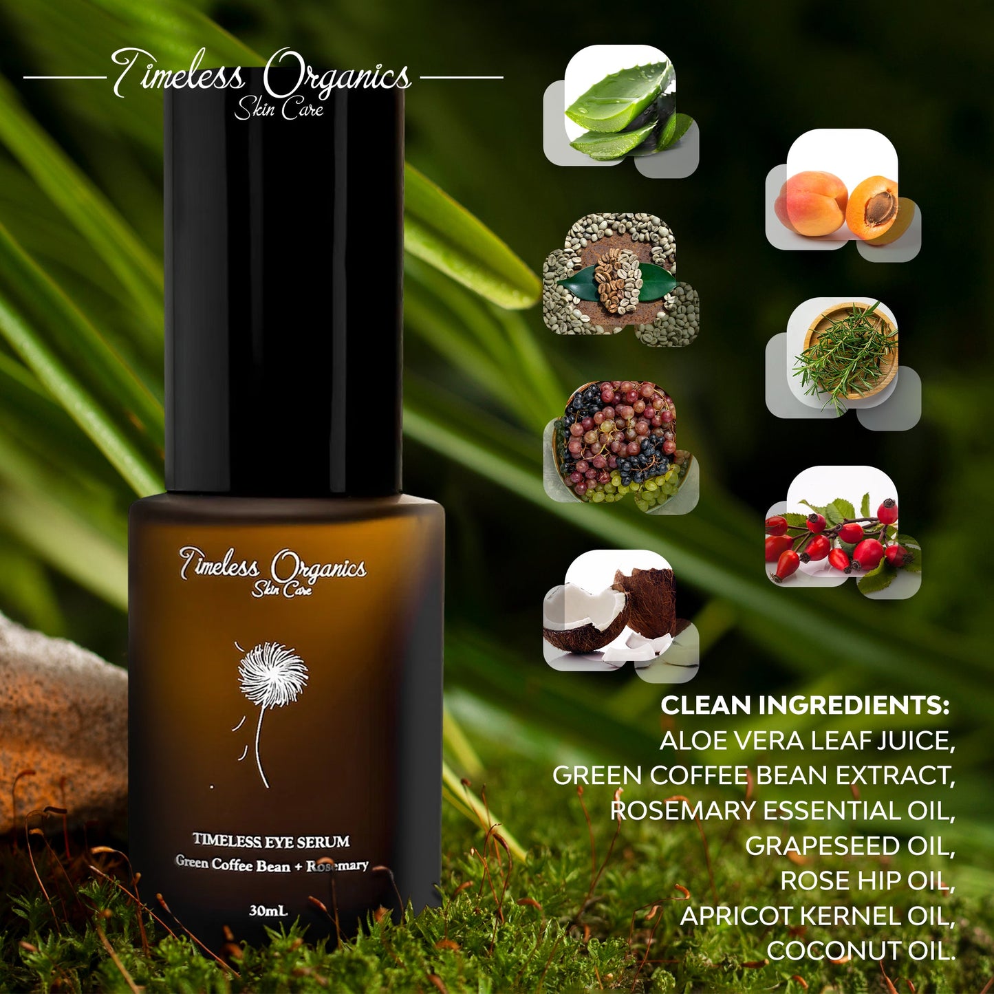 Timeless Organics Skin Care Timeless Eye Serum in a sleek bottle, designed to reduce puffiness and dark circles around the eyes.