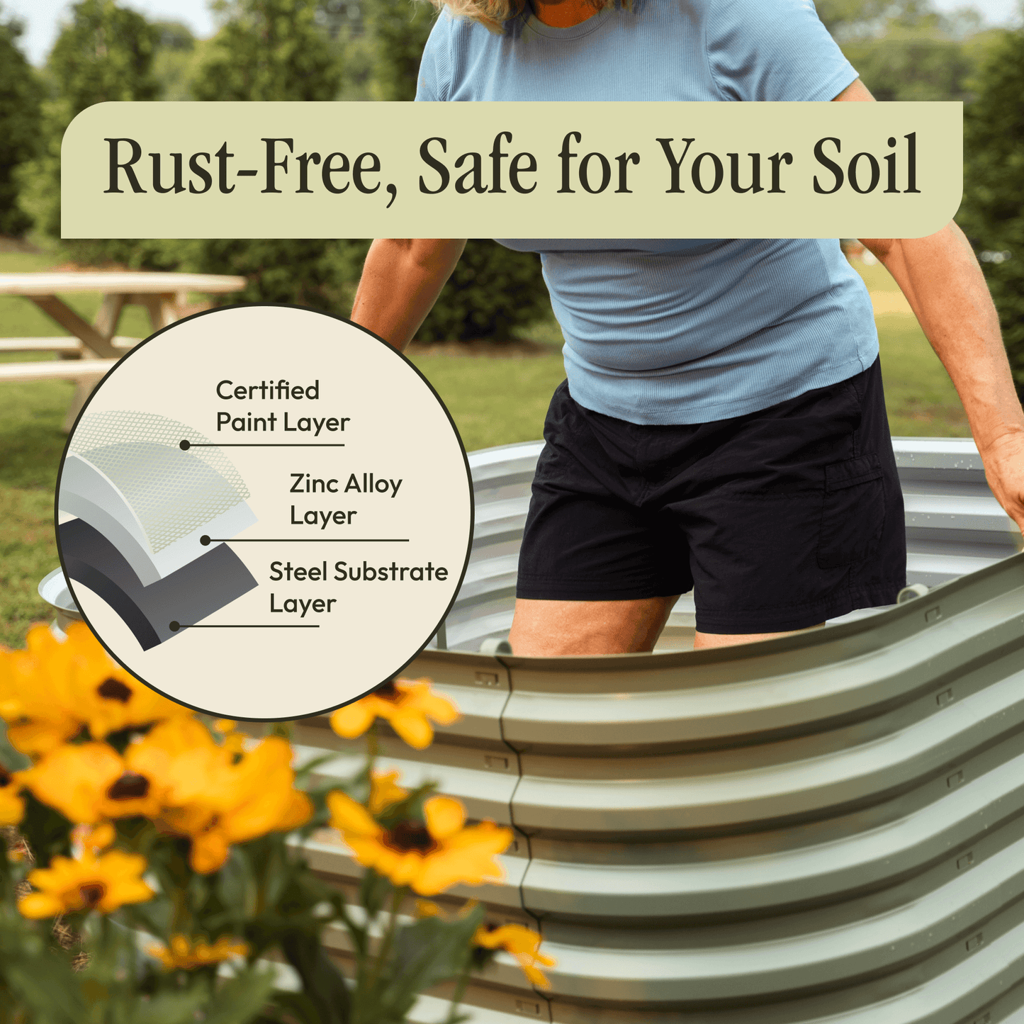 Six 17-inch tall Gro-Rite metal raised garden beds in various sizes, featuring durable, tool-free assembly for gardening.