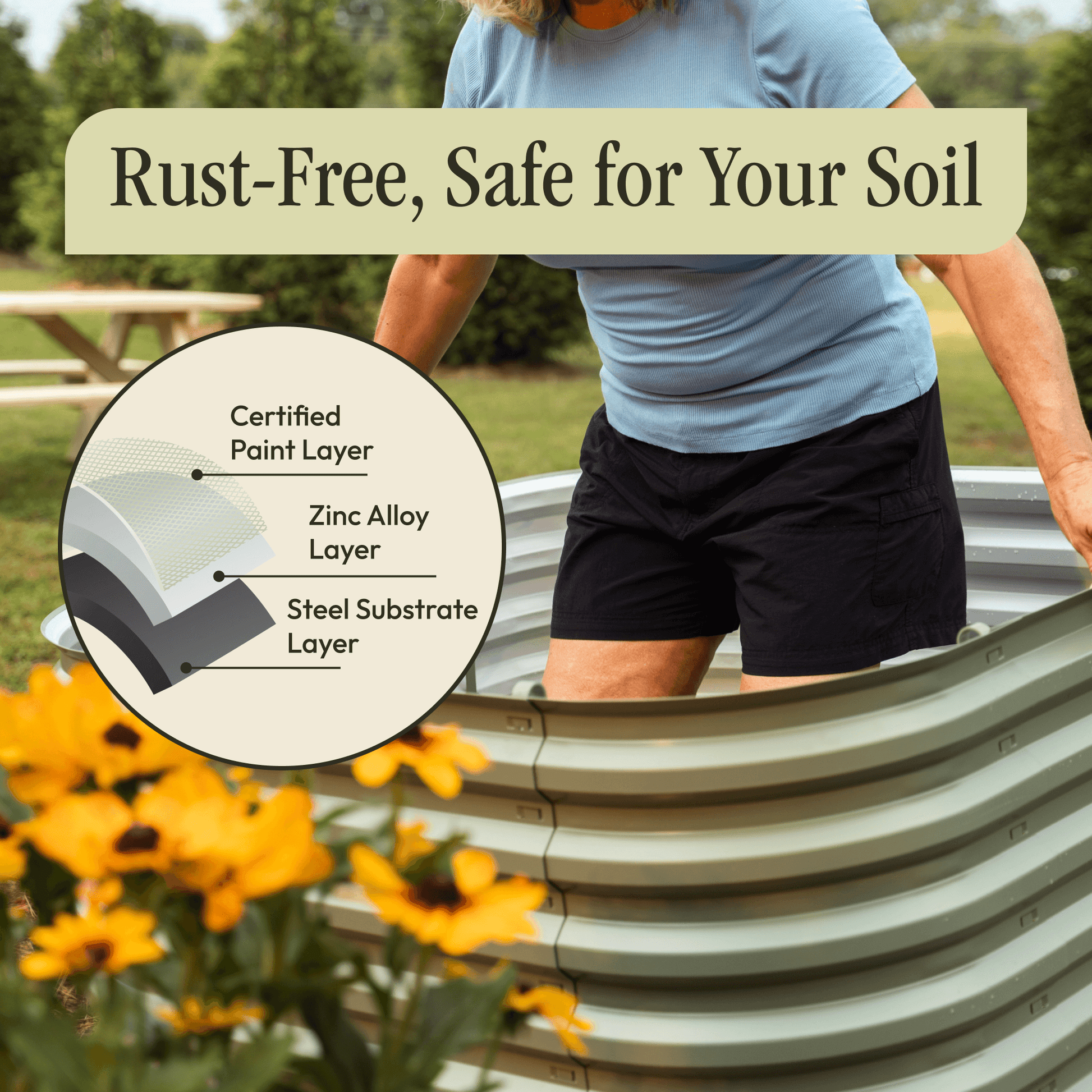 Six 17-inch tall Gro-Rite metal raised garden beds in various sizes, featuring durable, tool-free assembly for gardening.