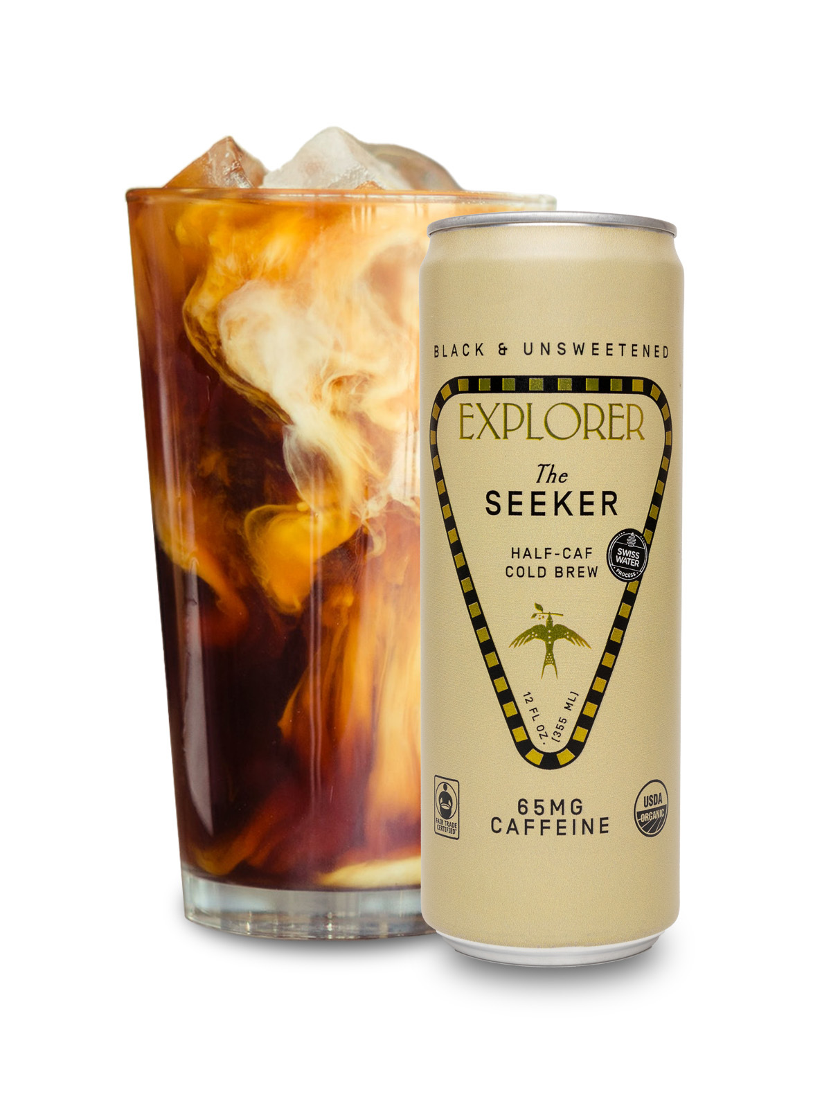 Explorer Cold Brew unsweetened coffee 12-pack with varying caffeine levels, featuring dark bottles with black caps and label details.