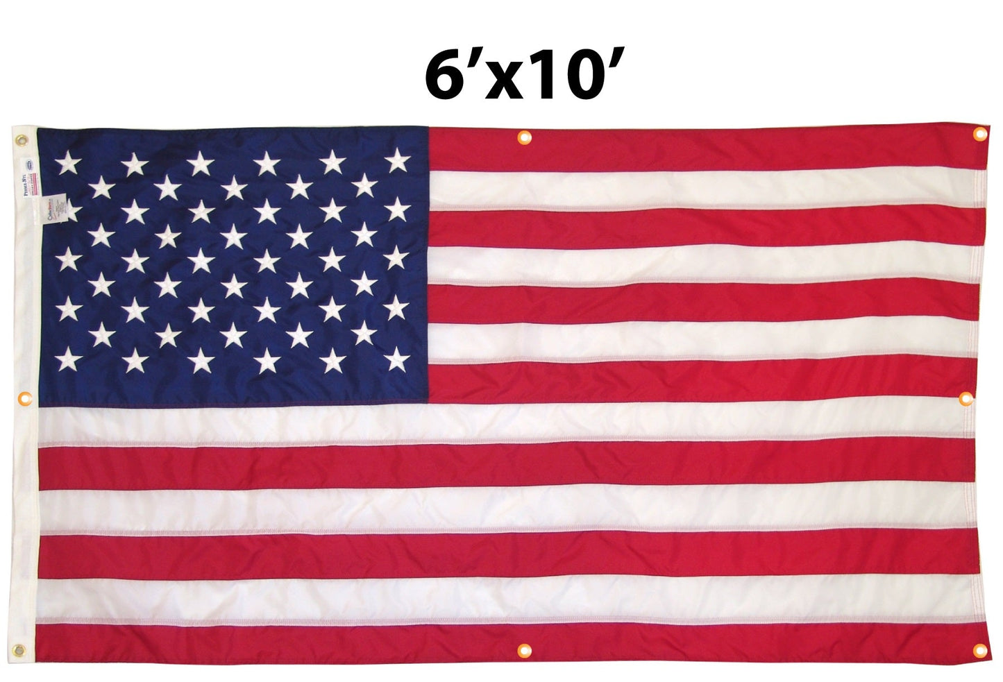 Nylon WallSafe™ American flag with reinforced grommets, wall-mounted, 6x10 feet, made in USA by Flagman of America.
