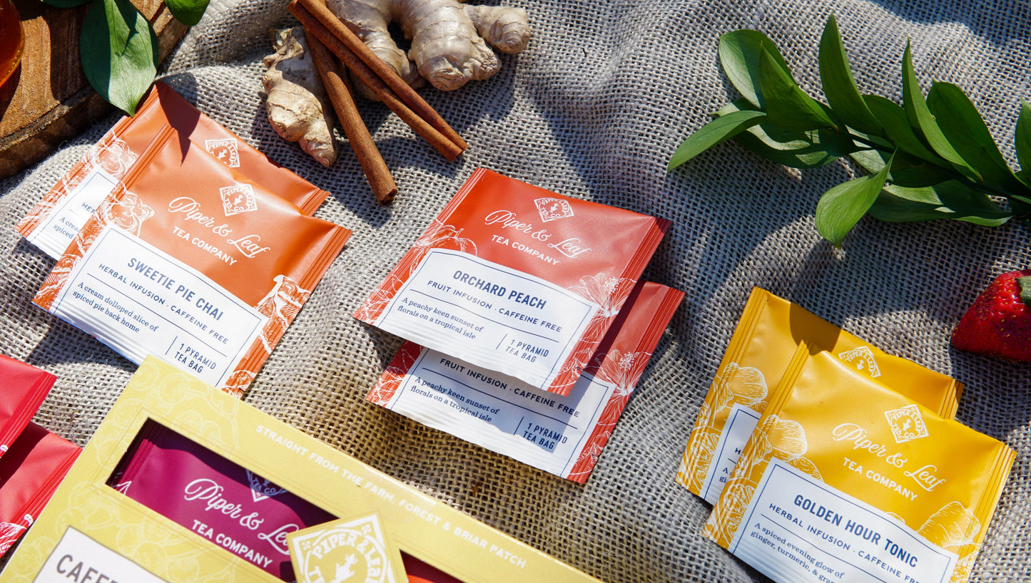 Caffeine-free tasting flight by Piper and Leaf Tea Co., box of 12 tea bags with assorted herbal and fruit flavors.