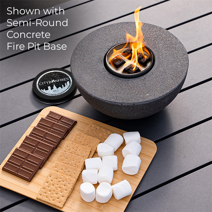 City Bonfires S'mores Night Pack outdoors with concrete fire pit, marshmallows, graham crackers, and chocolate for cozy evening fireside.