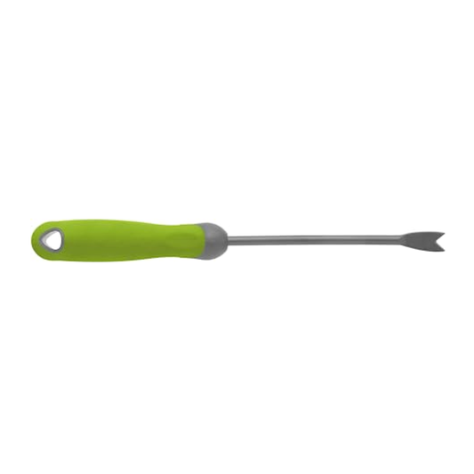 Green Orbit Irrigation Bloom Weeder garden tool with a pointed metal head and ergonomic handle, designed for removing weeds.