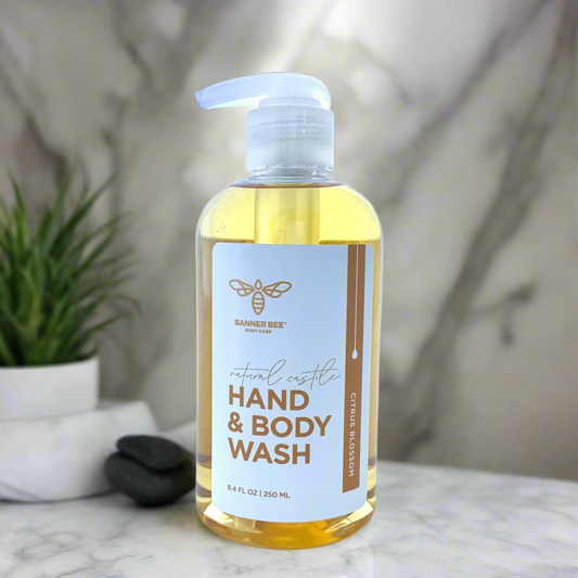 Organic Castile Hand and Body Wash by BannerBee Company LLC with citrus blossom scent, showing the bottle and label.