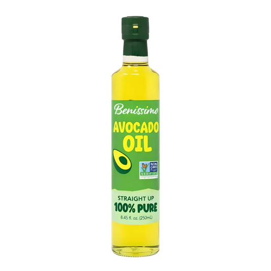 Benissimo Non-GMO Avocado Oil from Hongar Farms in a 250mL bottle, featuring a clear label and golden-yellow oil inside.