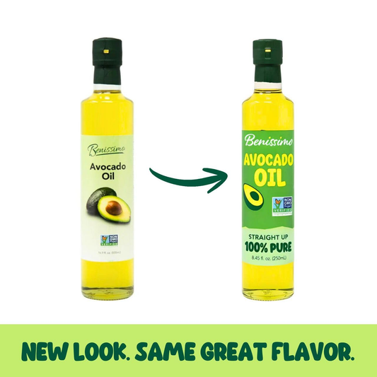 Benissimo Non-GMO Avocado Oil bottle from Hongar Farms, 250mL, with clear label and dark glass container for fresh storage