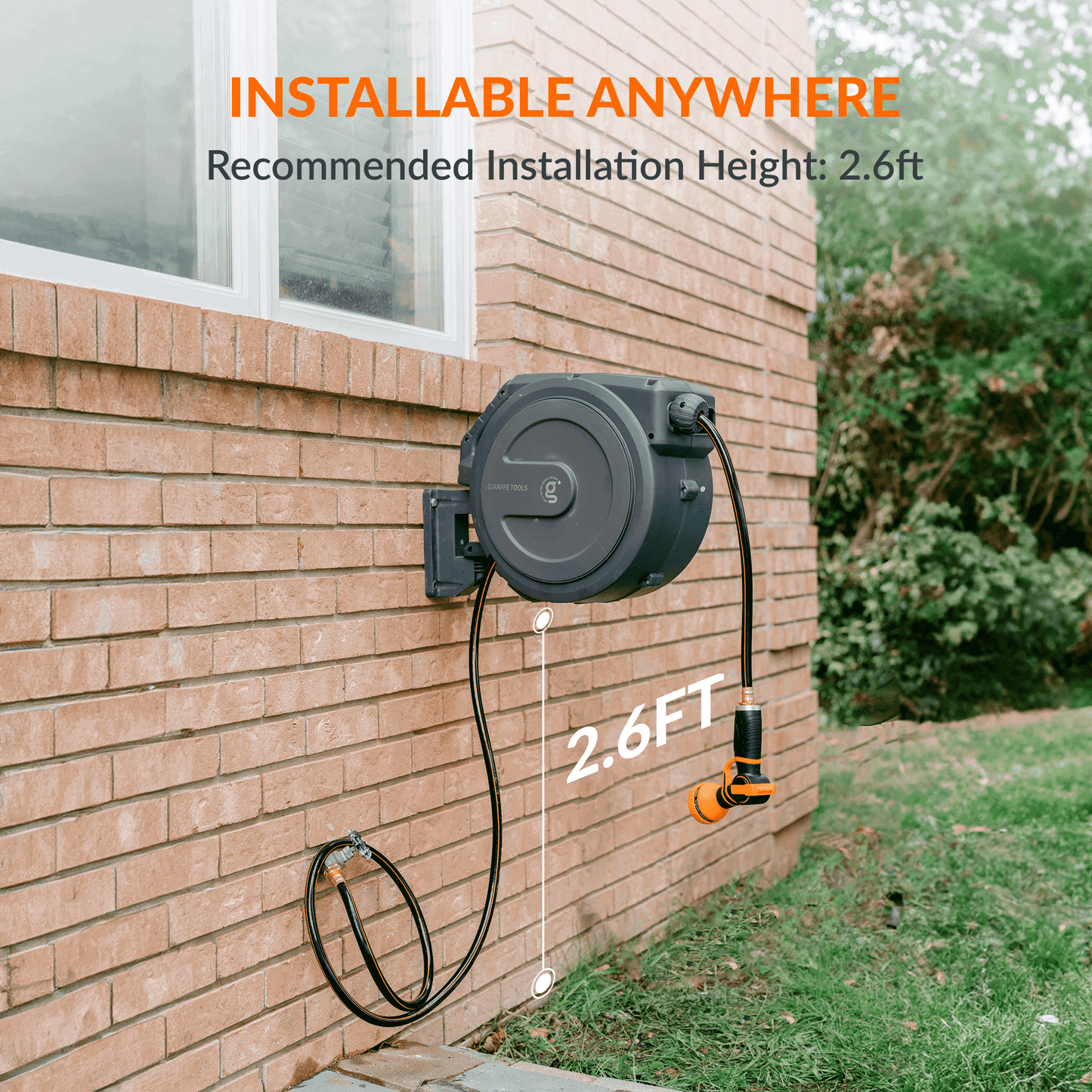 Giraffe Tools US retractable garden hose reel with 5/8 inch diameter and 115 feet length, mounted outdoors with hose neatly retracted.