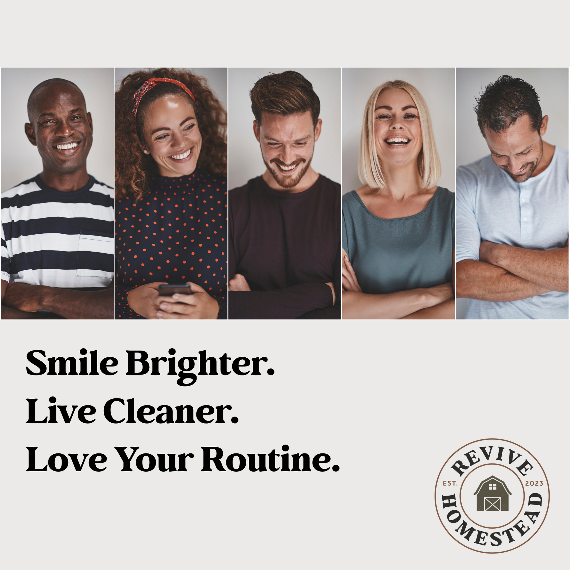 Revive Homestead remineralizing tooth powder with hydroxyapatite, sweetener-free, shown in a natural setting with dental tools and ingredients.