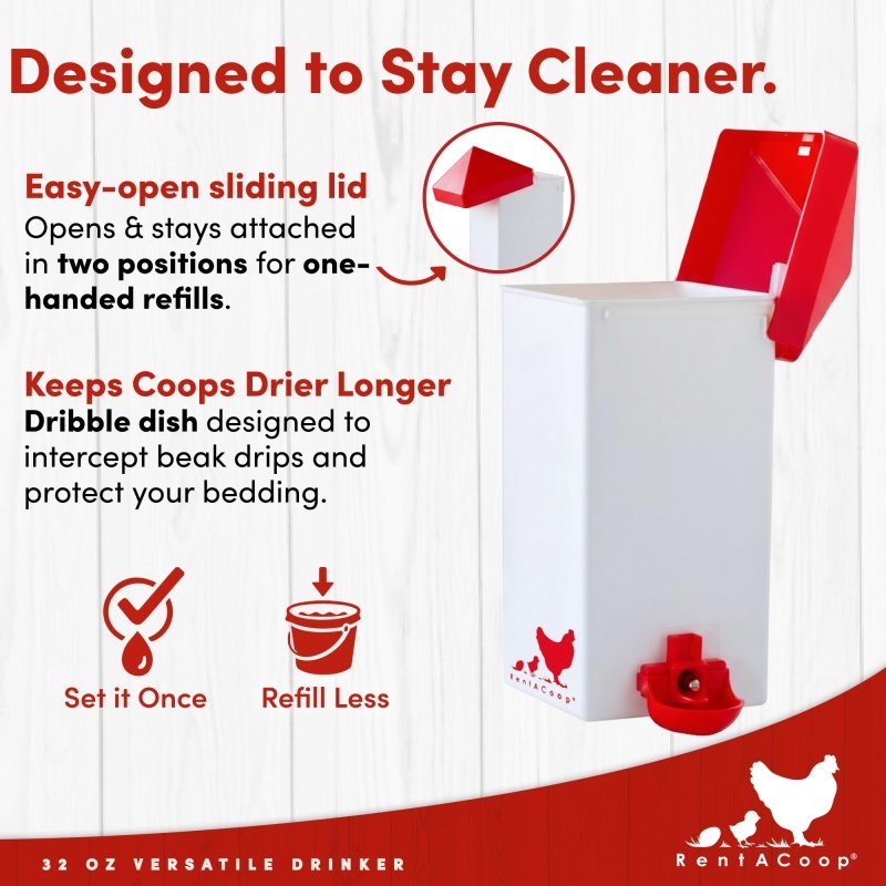 RentACoop 32oz Drinker Plus with 2 versatile nipples for small birds like chicks, quail, pigeons, and doves.