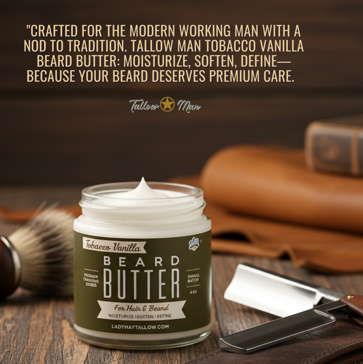 The Lady May Tallow Man Bay Rum beard and body butter in a 9oz jar, featuring a natural cream texture with Bay Rum scent.