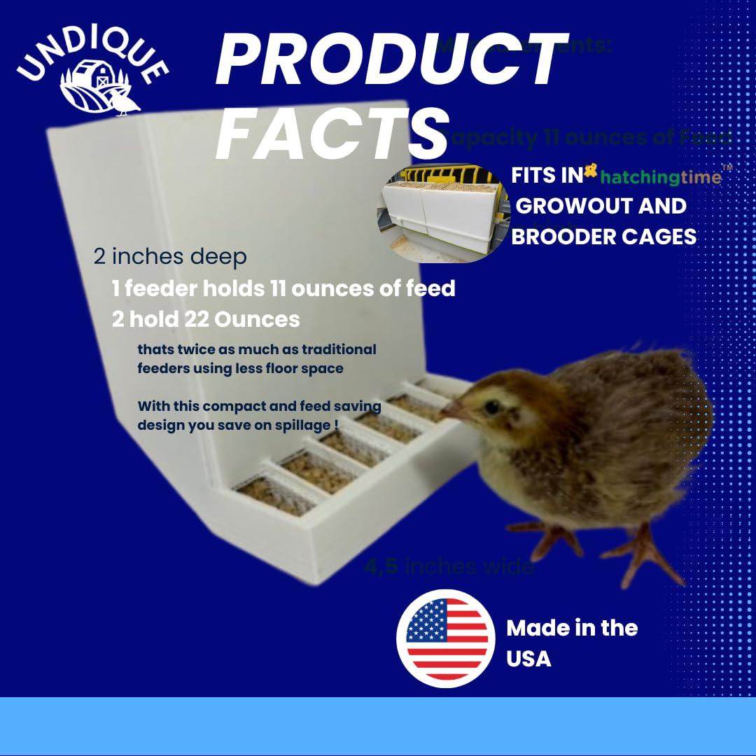 Pair of Quailz.com front-slot quail feeders with adjustable spill-resistant design for hatching time Chimuka cage systems.