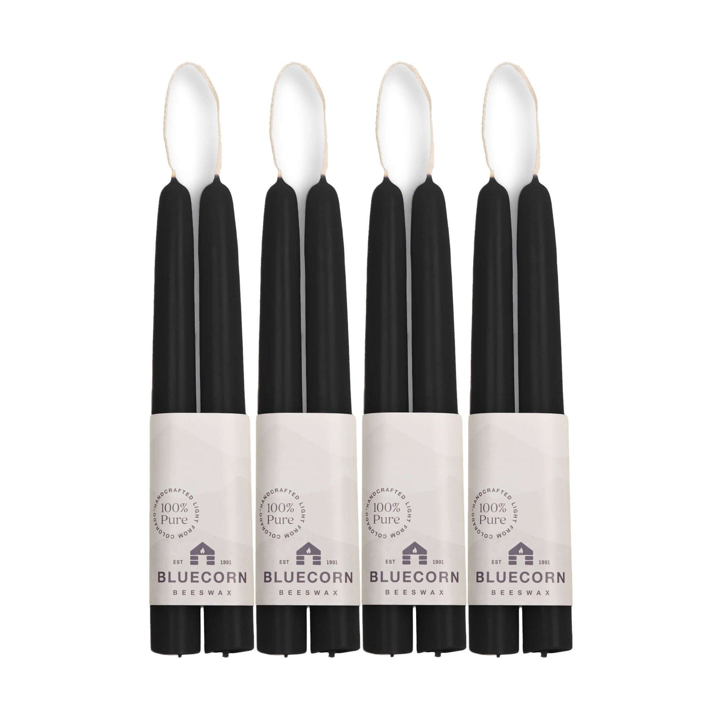 Set of eight 8-inch black beeswax taper candles in a bulk bundle from Bluecorn Candles, perfect for elegant candlelit decor.