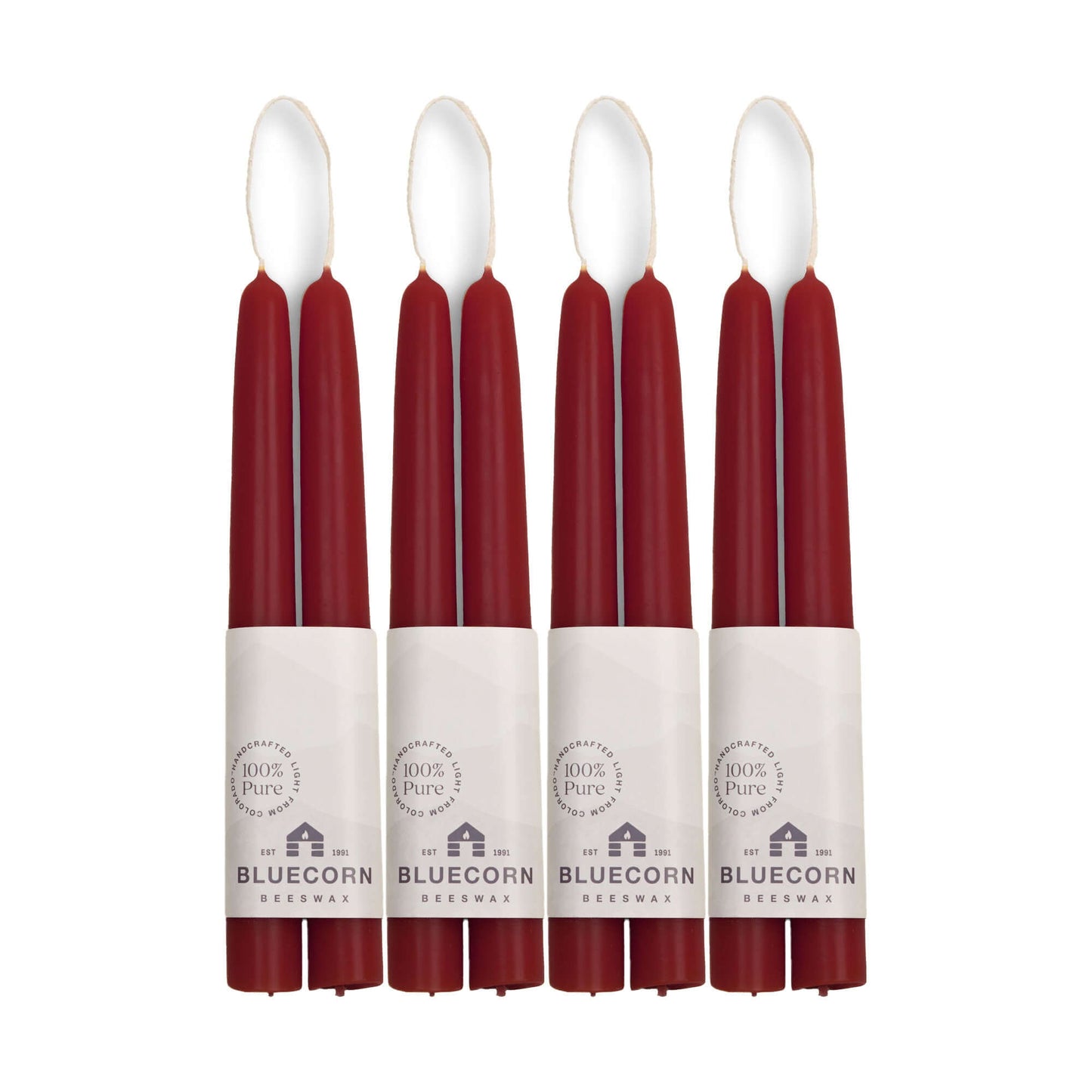 Eight 8-inch burgundy red beeswax taper candles from Bluecorn Candles, bulk set of 8 sticks, natural hand-dipped tapered candles.