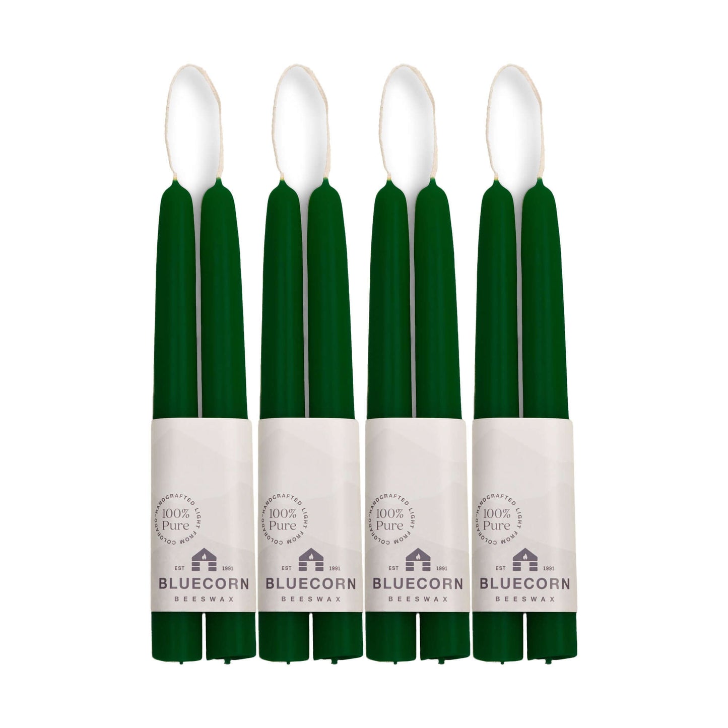 Eight 8-inch Moss green beeswax taper candles from Bluecorn Candles in a bulk set of four pairs.