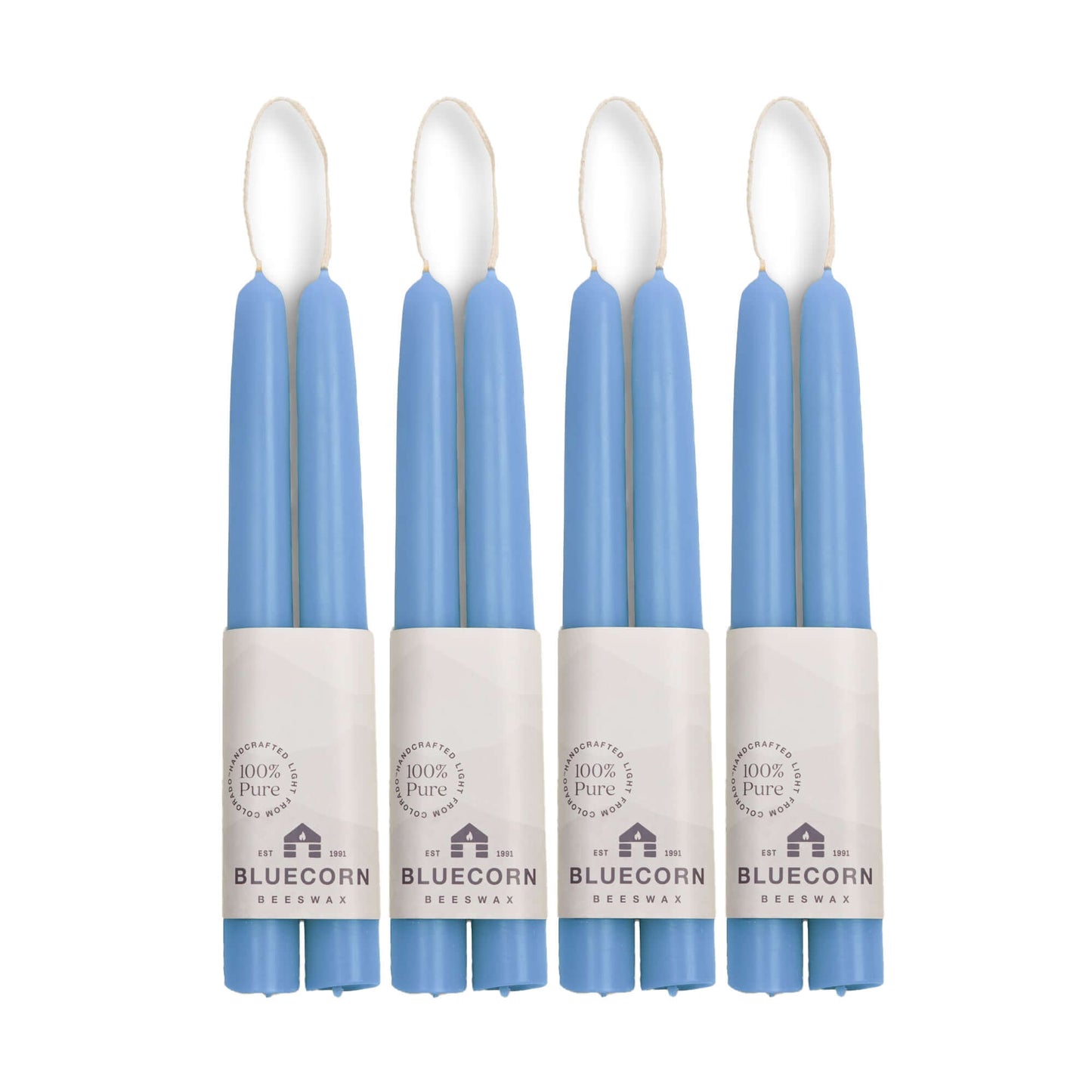 Two pairs of 8-inch sky blue beeswax taper candles from Bluecorn Candles, natural hand-dipped taper candles in a bulk bundle.