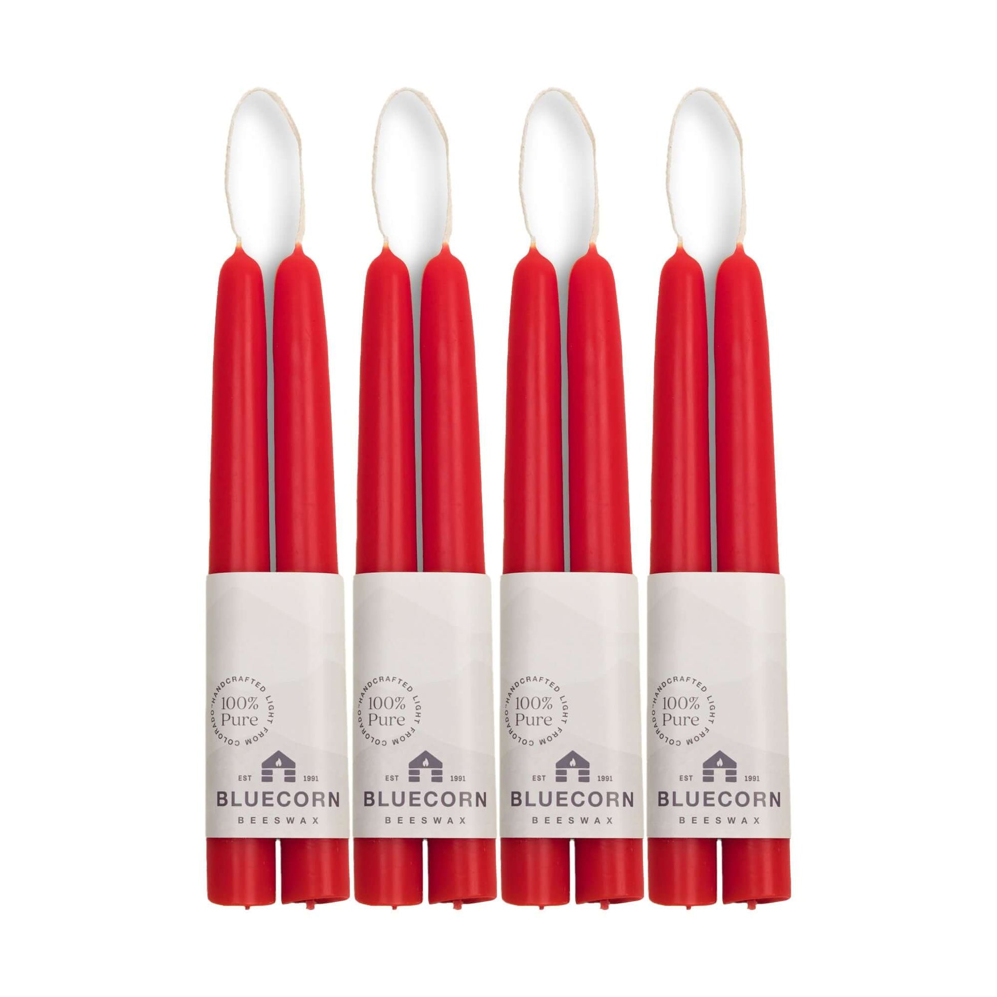 Set of eight 8-inch red beeswax taper candles from Bluecorn Candles in a bulk bundle, ideal for decorative or ceremonial use.