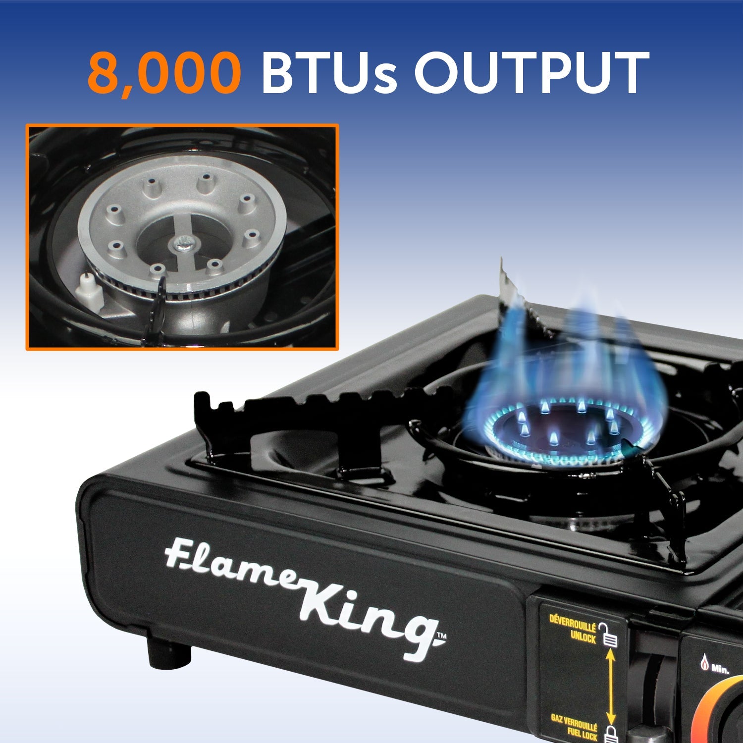 Flame King portable camping gas stove with single burner for butane and propane, ideal for outdoor cooking adventures.