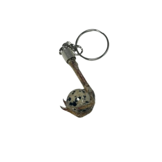 Quailz.com by Undique LLC quail foot keychain with faux quail egg stone, featuring detailed bird foot and decorative egg.