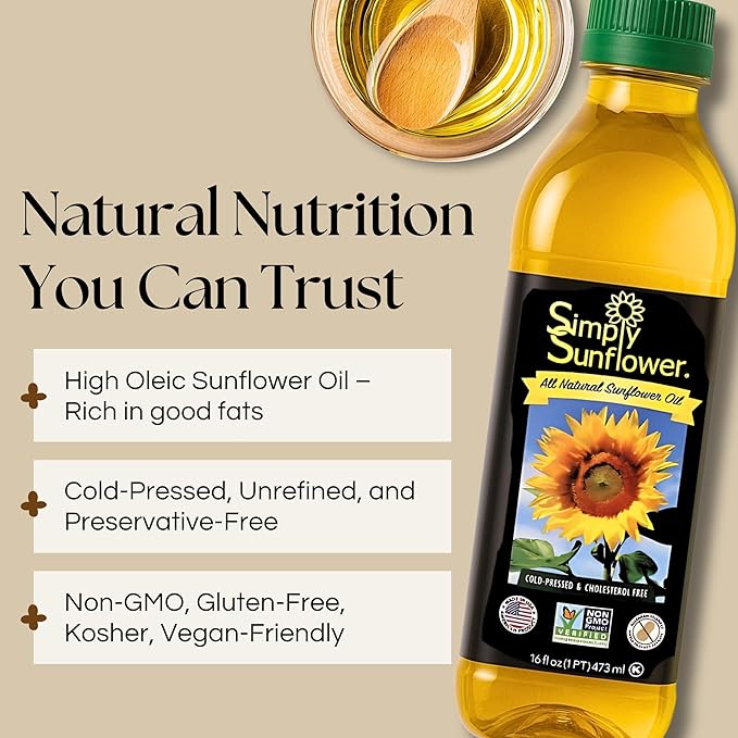 Two 8 oz bottles of Simply Sunflower sunflower oil from BuyNebraska.com, non-GMO, gluten-free, nut-free, vegan food multipacks.